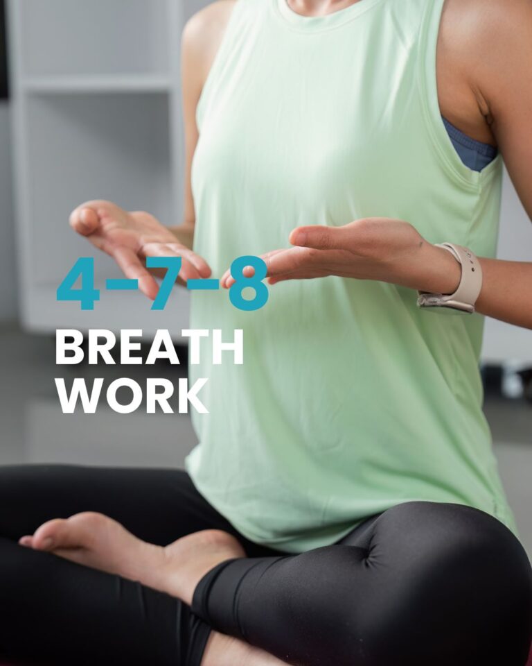 A woman in a calm, meditative pose is featured with the prominent text "4-7-8 BREATH WORK" overlaid on the image. She is seated cross-legged on a mat, with her hands open and resting on her knees, conveying a sense of serenity. The image effectively connects the practice of meditation with the specific 4-7-8 breathing technique, highlighting its use for achieving a state of calm.