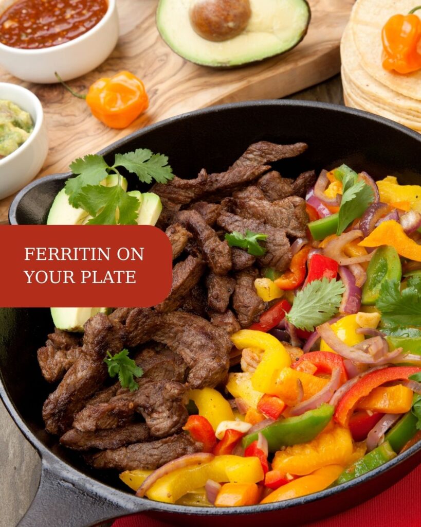 A flat lay of a variety of foods essential for rebuilding and maintaining iron stores to combat low ferritin, fatigue, and hair loss. The selection includes both heme and non-heme iron sources like salmon, red meat, chicken, and legumes.