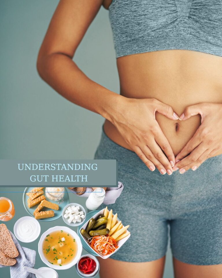 Visual guide to gut health showing a fit woman emphasizing her stomach and a curated selection of probiotic foods like kimchi, pickles, yogurt, miso soup, and fiber-rich snacks—representing Dr. Alisha's holistic approach to digestive wellness.