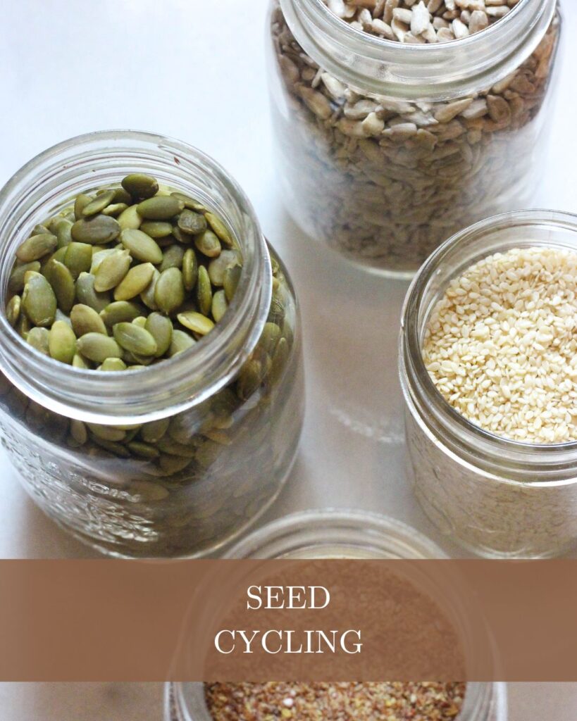 Glass jars filled with various seeds including pumpkin, sunflower, and sesame, with the text "SEED CYCLING" overlaid.