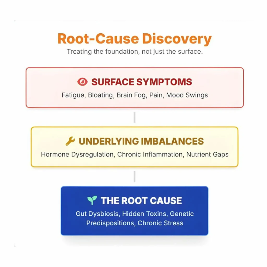 The image is a diagram labelled “Root-Cause Discovery” – it outlines layers beneath symptoms like lifestyle, nutrition, hormonal balance, and environmental stressors, representing the core of therapies offered at Dr. Alisha’s practice.