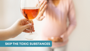 A pregnant woman gestures “no” to a glass of wine, highlighting prenatal safety.