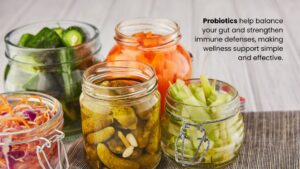 Fermented foods with probiotics provide natural support for gut and immune health.