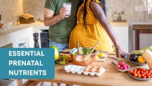 A cozy kitchen scene showing healthy prenatal foods that provide vital vitamins and minerals for pregnancy support.