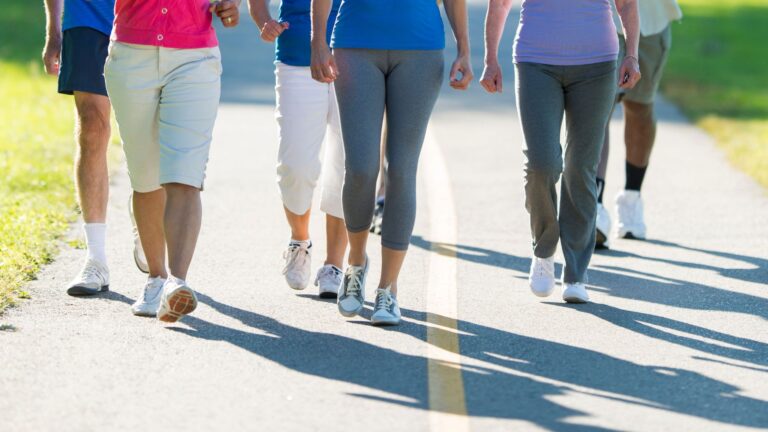 A group of people enjoying a brisk walk together on a paved, sunlit path surrounded by nature. This image highlights the lifestyle and social walking benefits, showing that physical activity can be an enjoyable, communal experience that supports long-term health and wellness goals.